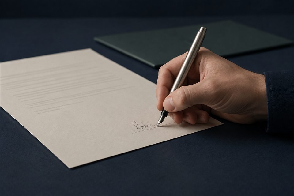 Firma de un documento sobre una superficie azul