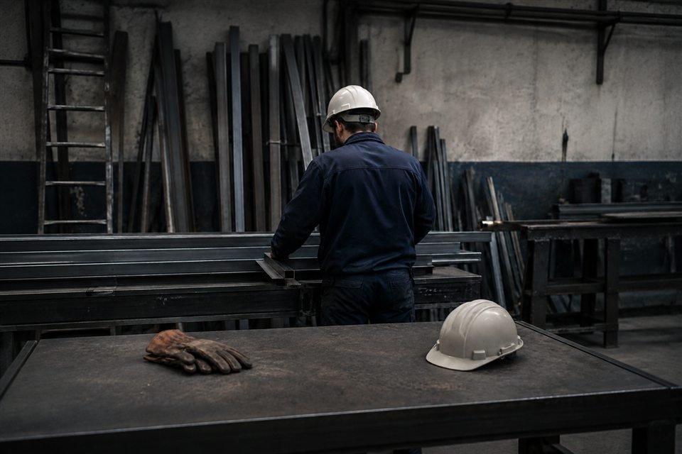 Trabajador con casco revisando perfiles metálicos en un taller